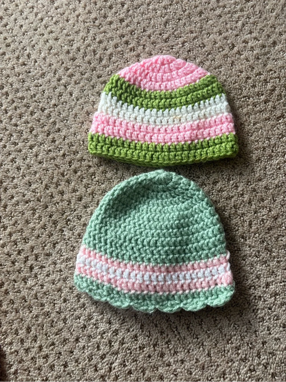 Handmade Pink & Green Crochet Baby girl Hats with Flower Accent